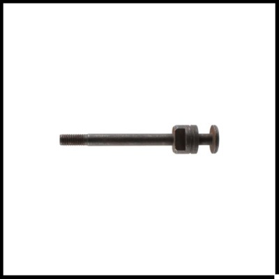 Parafuso metálico cinzento-escuro com porca e cabeça arredondada.