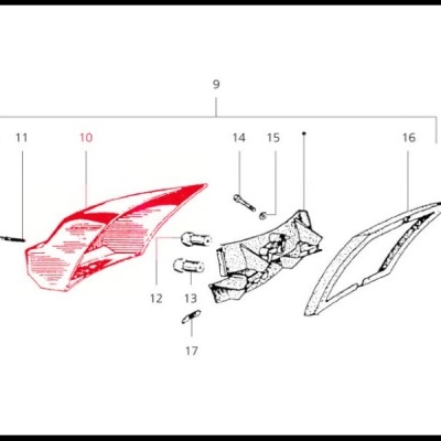 Ilustração técnica de peças automóveis ou motorizada com numeração e destaque vermelho na peça 10