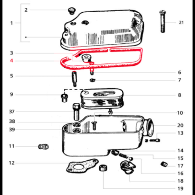 Desenho técnico em preto e branco de peças mecânicas com uma peça destacada a vermelho