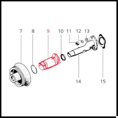 Diagrama técnico com peças automóveis numeradas e componente destacado em vermelho