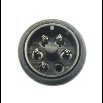 conector circular preto com seis pinos e um orifício