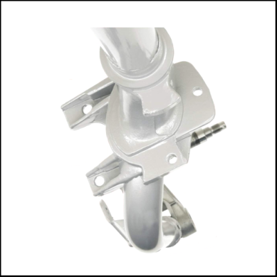 Estrutura metálica cinza claro com dobradiças e orifícios de fixação