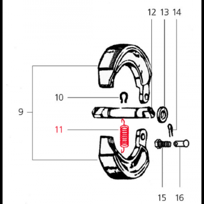 Desenho técnico a cores de componente mecânico com mola vermelha e peças metálicas