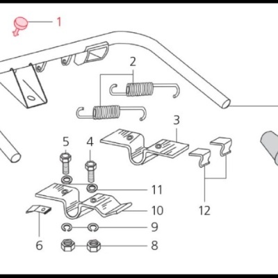 Diagrama técnico com peças metálicas numeradas para montagem