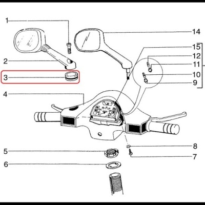 Diagrama técnico de espelhos retrovisores e painel de moto