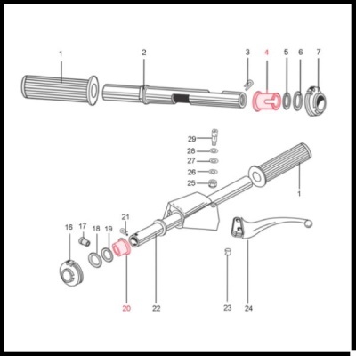 Diagrama explodido de peças de um punho de moto com componentes numerados e destacados em vermelho.