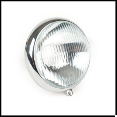 Farol redondo com lente de vidro e aro cromado