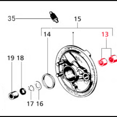 Desenho técnico de conjunto mecânico com peças numeradas em preto, branco e vermelho.