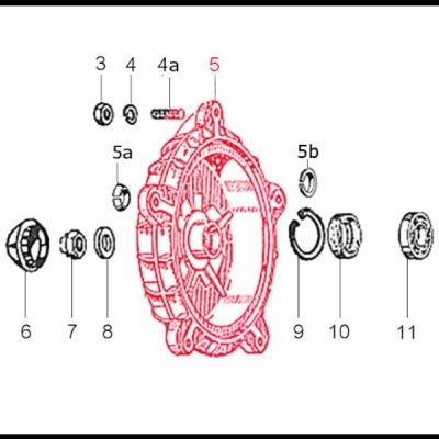 Desenho técnico de peça mecânica principal e componentes auxiliares numerados
