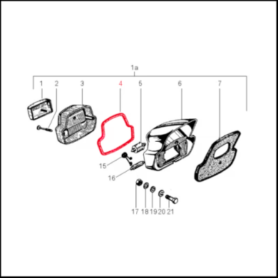 Desenho técnico de peças automóveis com vedação destacada a vermelho