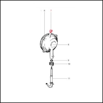 Desenho técnico de componente mecânico com partes numeradas e destaque na parte 7