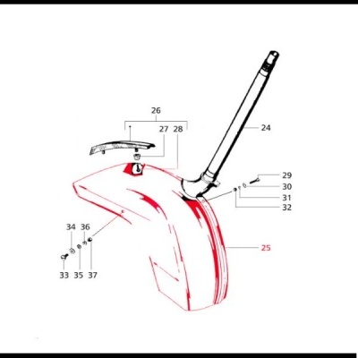 Desenho técnico de peça mecânica com tubos e parafusos numerados.