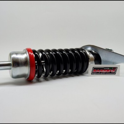 Amortecedor com mola preta e componentes metálicos prateados