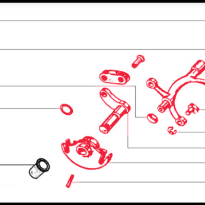 Diagrama técnico de peças mecânicas numeradas em preto, branco e vermelho.