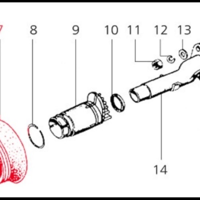 Desenho técnico de peças mecânicas numeradas com roda dentada vermelha e flange cinzenta