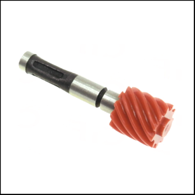 Peça mecânica com eixo metálico e engrenagem vermelha