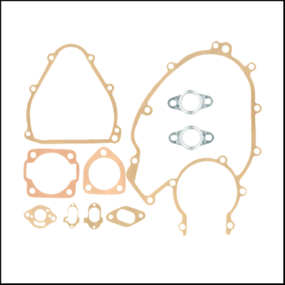 Conjunto de juntas para motor em material castanho e metal sobre fundo branco