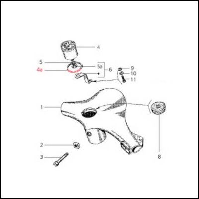 Desenho técnico a preto e branco de peça mecânica com componentes numerados