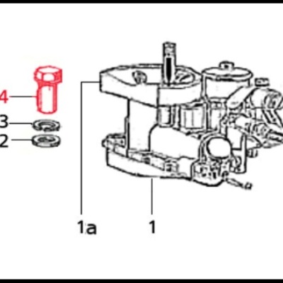 Desenho técnico com peças mecânicas numeradas e parafuso com arruelas