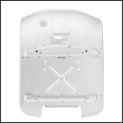 Painel metálico cinza com orifícios e relevo em forma de X