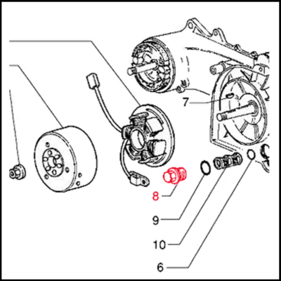 Desenho técnico de componentes mecânicos com peças numeradas e destaque vermelho no número 8