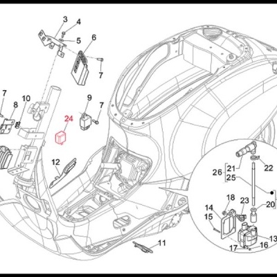 Esquema técnico de mota com peças numeradas em linhas pretas e uma peça 24 em vermelho