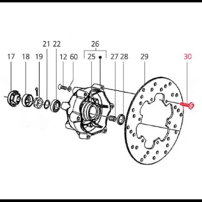 Diagrama de conjunto mecânico com peças numeradas e disco perfurado