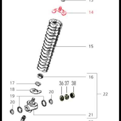 Diagrama técnico de peças mecânicas com mola e porcas numeradas.