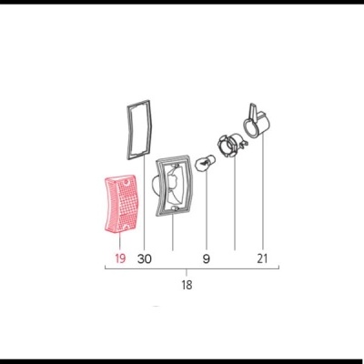 Esquema de peças numeradas para montagem com uma peça destacada a vermelho num fundo branco