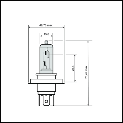 Desenho técnico a preto e branco de lâmpada halogénea com medidas.