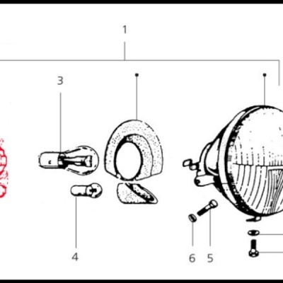 Desenho técnico de componentes de farol automóvel com peças numeradas