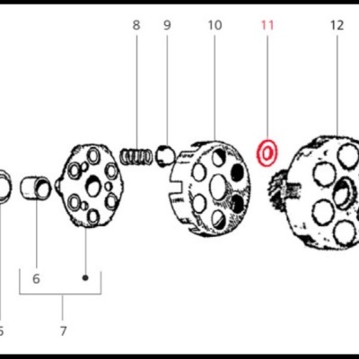 Esquema técnico de peças mecânicas circulares numeradas em fundo branco