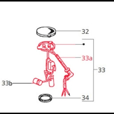 Desenho técnico de peças mecânicas com numeração 32, 33a, 33b e 34