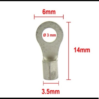Terminal elétrico metálico prateado com medidas em vermelho sobre fundo branco