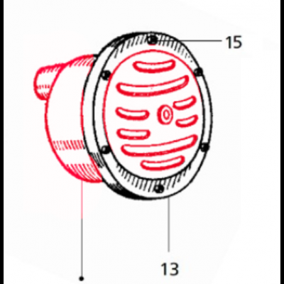 Dispositivo circular com grelha e números 13 e 15 em fundo branco