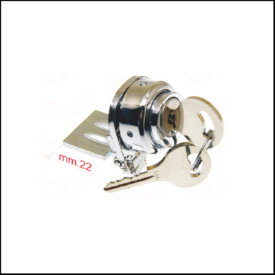 Fecho cilíndrico prateado com chaves e indicação de medida 22 mm