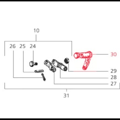 Diagrama técnico de peças mecânicas numeradas, uma em vermelho com número 30