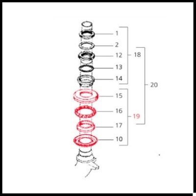 Diagrama técnico de peças mecânicas numeradas em preto e vermelho sobre fundo branco