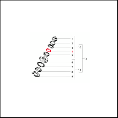 Conjunto de peças circulares numeradas em esquema, uma peça destacada a vermelho