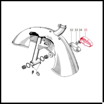 Esquema técnico de peça metálica curva com componentes desmontados e número 35 em vermelho