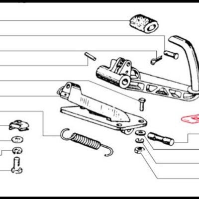 Desenho técnico de um mecanismo metálico com peças numeradas e uma alavanca curva
