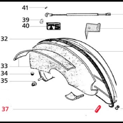 Desenho técnico a preto e branco de componente curvo com peças numeradas e texto TS