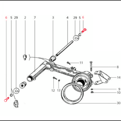 Desenho técnico de componente mecânico com várias peças numeradas.