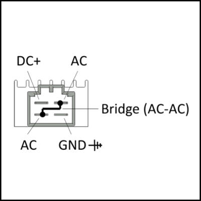 Diagrama elétrico de ponte retificadora com marcações DC+, AC, GND e ligações internas