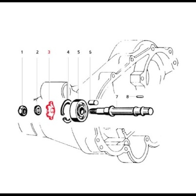 Desenho técnico de peças mecânicas com uma peça destacada em vermelho.