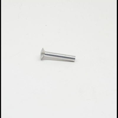 Rebite metálico prateado com cabeça chata sobre superfície branca