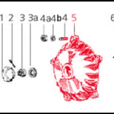 Esquema técnico de peças com ventoinha vermelha e numeração