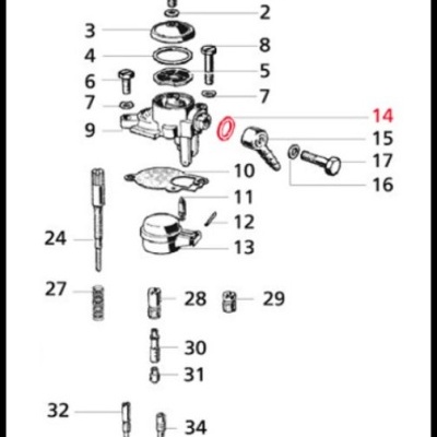 Desenho técnico de peça mecânica desmontada com 34 componentes numerados
