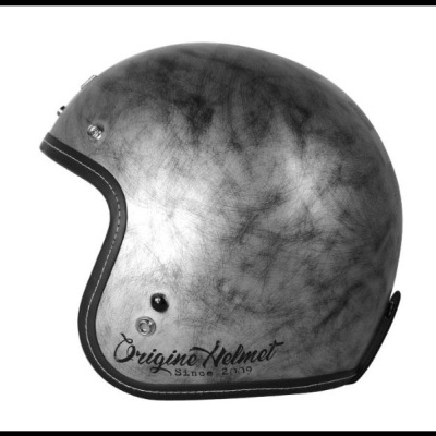 Capacete de motociclista cinza com texto Origine Helmet