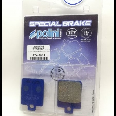 Conjunto de pastilhas de travão Polini Special Brake em embalagem azul e transparente com texto e selos de qualidade
